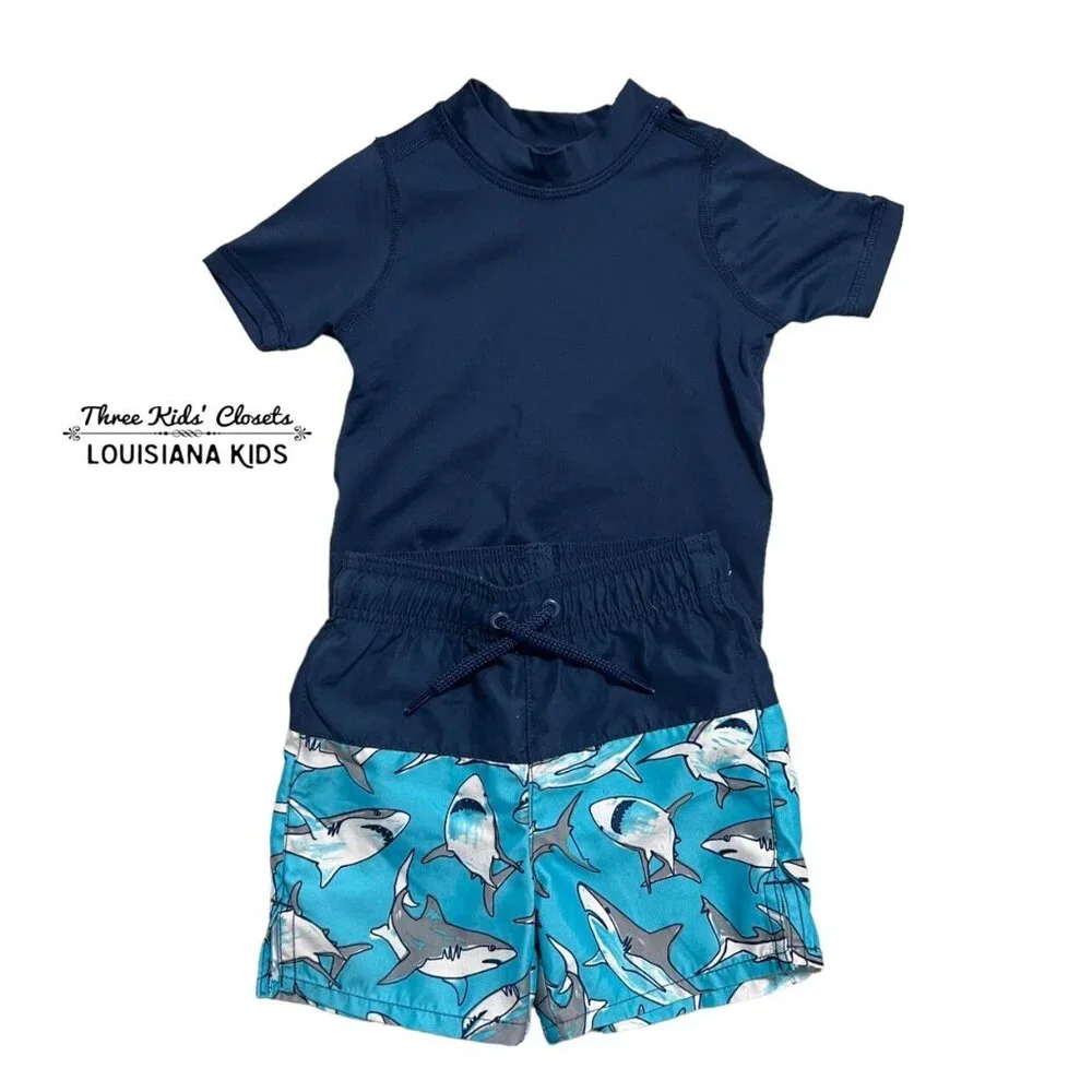 Children's Place Sport 12-18m Blue Shark Swim Trunks & Rashguard Set